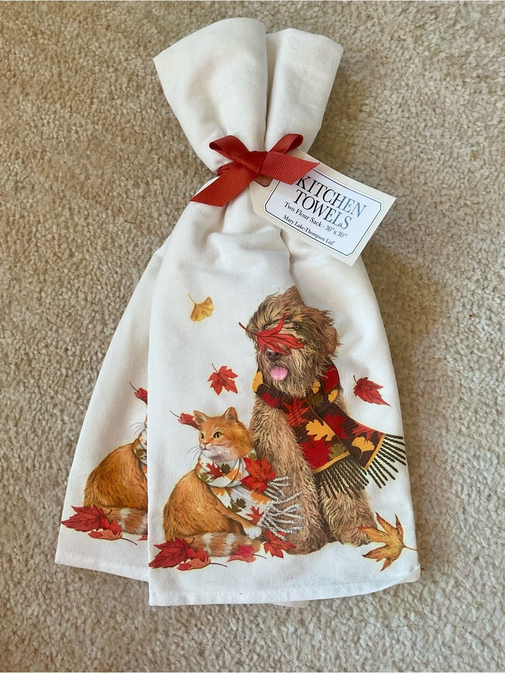NWT Set of 2 Fall Cat and Dog Flour Sack Tea Towels